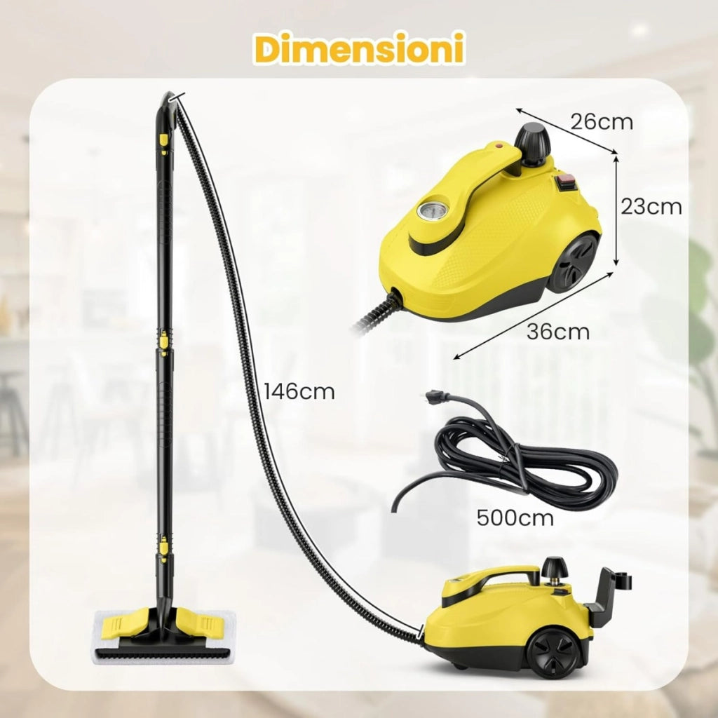 Pulitore a vapore portatile da 2000W, Macchina per pulizia su pavimenti e finestre e tappeti Grigio & Giallo-Elettrodomestici pulizia