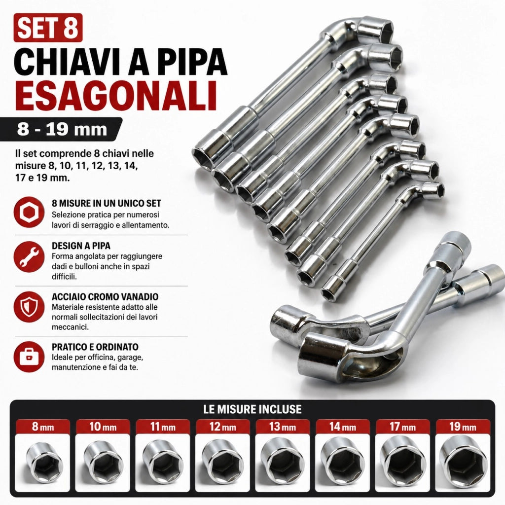 Set 8 Chiavi a Pipa Esagonali 8-19 mm Cromo Vanadio con Custodia