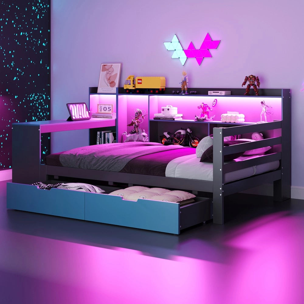 Letto a Soppalco con Scrivania e Scaffale ¨C Xylo ¨C Legno, Nero, 90x200 cm, LED, Cassetti