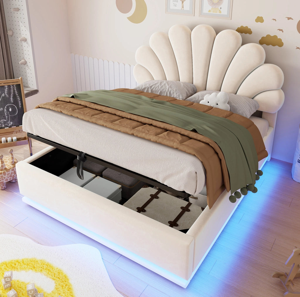 Letto imbottito 140x200 cm in velluto beige con LED e contenitore idraulico