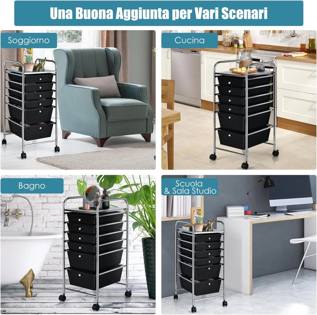Carrello con 6 Cassetti e Ruote, Cassettiera in Plastica, con Due Dimensioni di Cassetti, Contenitore Multiuso per Casa Bagno e Ufficio, 37 x 74 x 32cm (Nero)