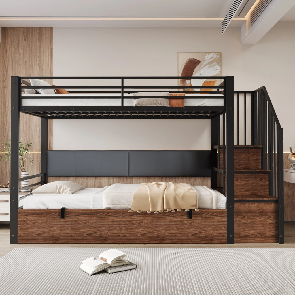 Letto a soppalco 90 × 200 cm con contenitore idraulico, scala con vani portaoggetti, sponde alte, senza materasso