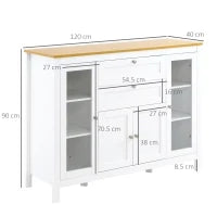 Mobile Cucina con 2 Cassetti e 3 Armadietti, Ante in Vetro e Ripiani Regolabili, 120x40x90 cm, Bianco e Rovere