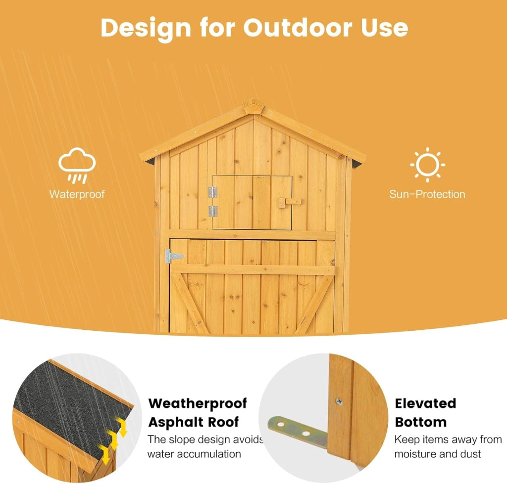Casetta da Giardino in legno, Capanno per Attrezzi Multifunzione, Armadietto da Giardino con Tetto a 2 Falde, Scaffale, Tavolo Pieghevole, 65 x 42 x 180,5 cm, Colore Naturale