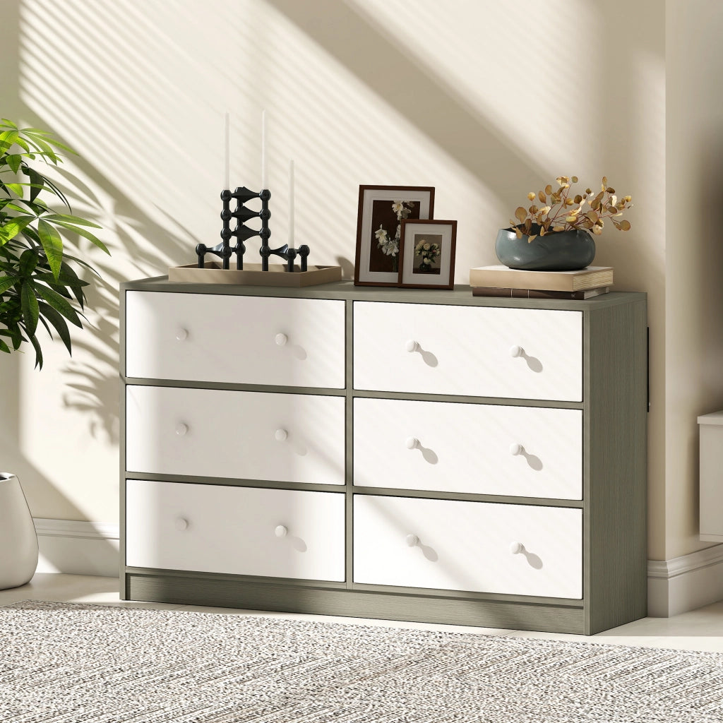 Cassettiera con 6 Cassetti in Tessuto 114x30x70 cm con Maniglie Doppie Struttura in MDF Bianco e Grigio