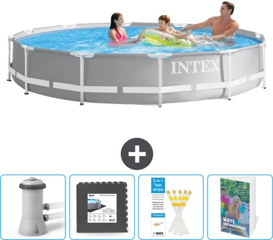 Piscina a forma di prisma a struttura circolare - 366 x 76 cm - Grigio - Incluso filtro idromassaggio - Paving idromassaggio - Strisce di prova - Guida alla piscina