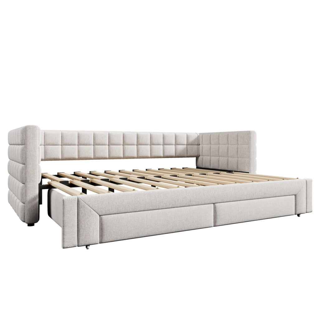 Divano letto estraibile 90x200 cm in velluto beige con 2 cassetti e schienale quadrato