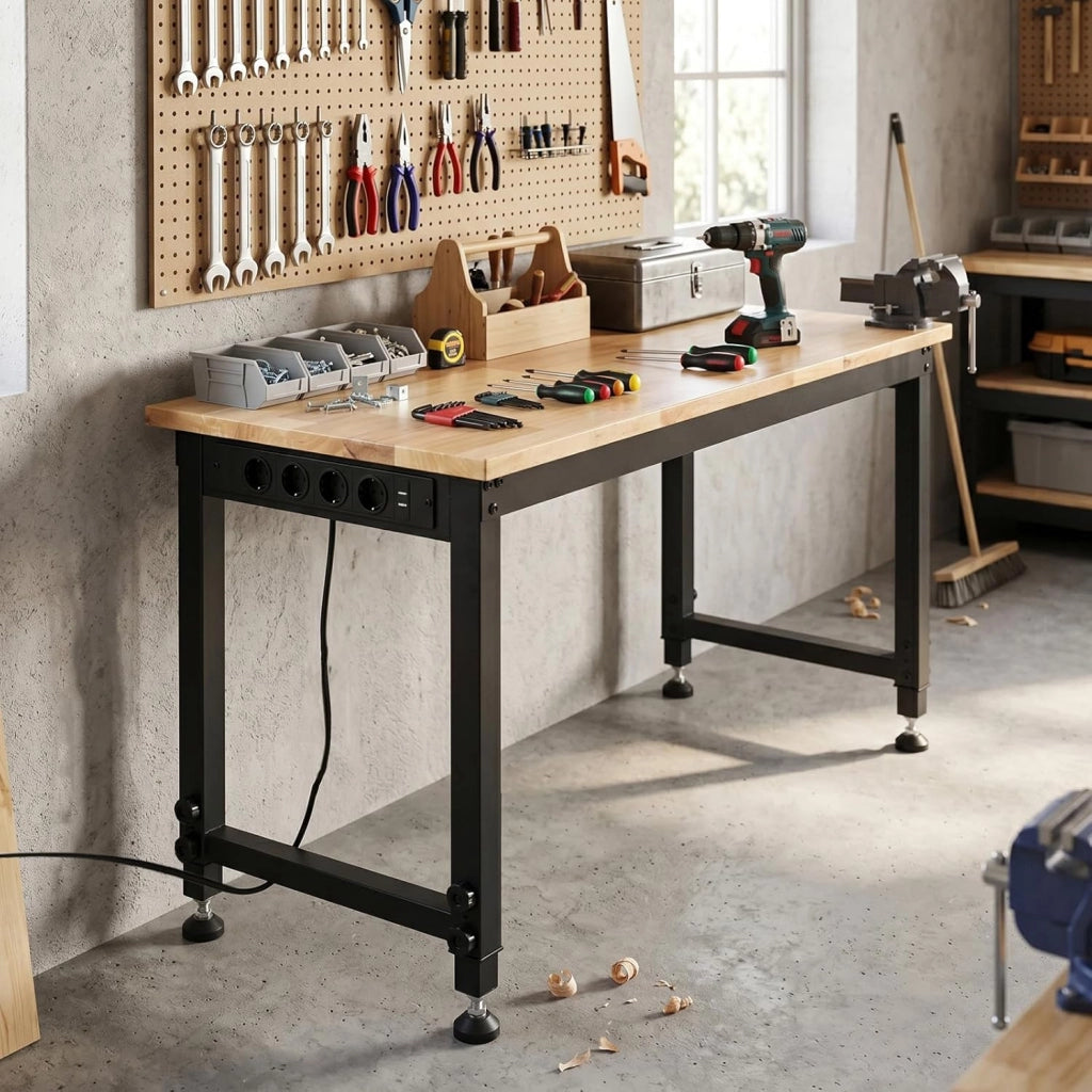 Banco da Lavoro Officina 122 x 51 cm, Tavolo da Lavoro Regolabile in Altezza con Stazione di Ricarica e Pannello Forato, Banco da Saldatura in Metallo per Garage e Magazzino, Portata 900 kg