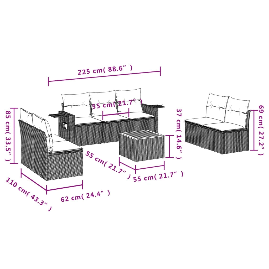 Set Divani da Giardino con Cuscini 8 pz Nero in Polyrattan 3256847