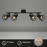 Plafoniera Vintage Korbo Acciaio Nero 4 Luci E14 Ip20