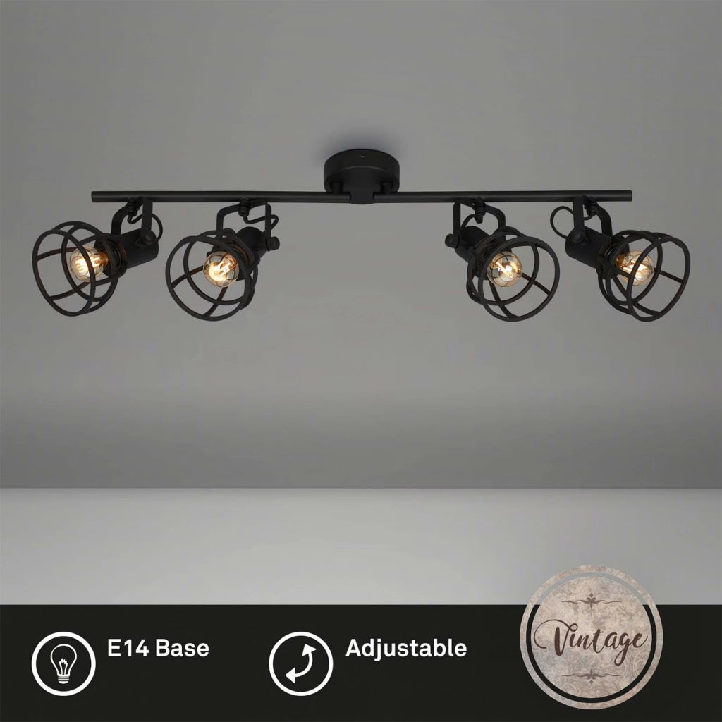 Plafoniera Vintage Korbo Acciaio Nero 4 Luci E14 Ip20
