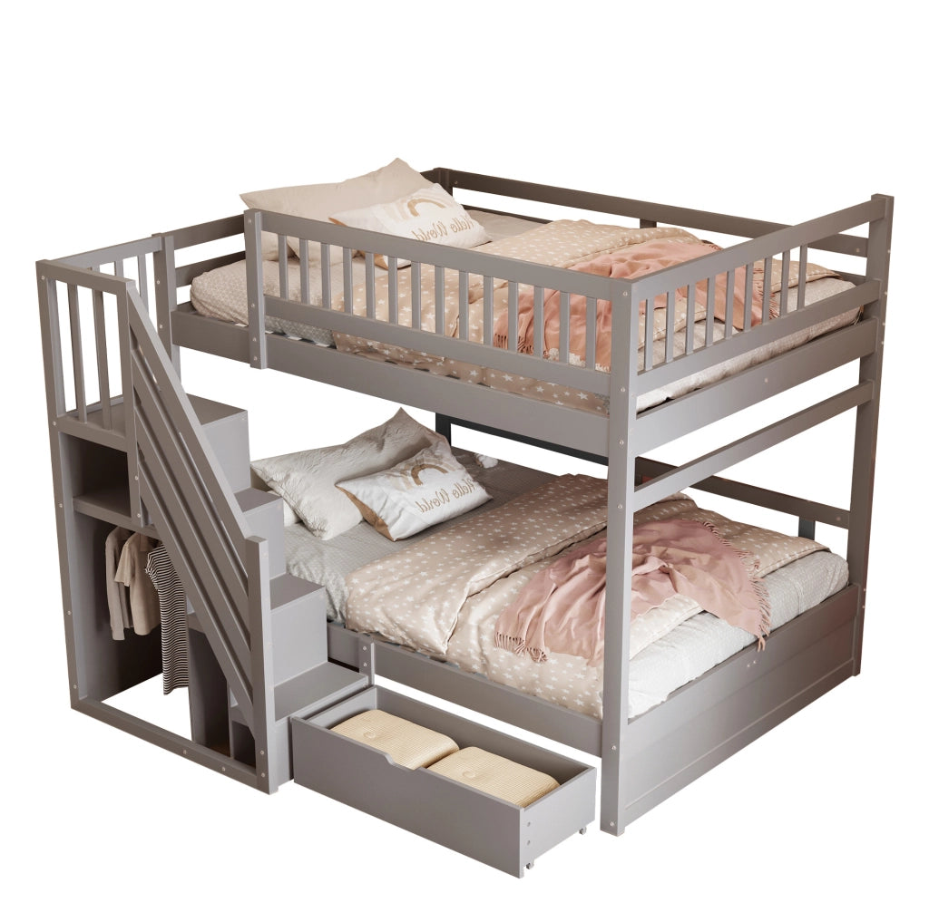 Letto a castello in legno massello 140x200 cm grigio con scala contenitore e cassetti