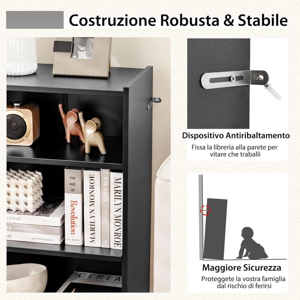 Libreria a 3 Piani, Scaffale Multifunzionale con Ripiani Regolabili e Dispositivo Antiribaltamento, per Soggiorno, Camera da Letto, Studio, 50 x 30 x 75 cm (Nero)