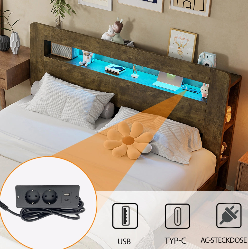 Letto 140x200 con contenitore idraulico, LED e prese