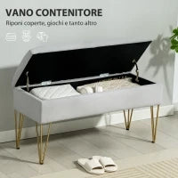 Panca Fondo Letto con Contenitore in Tessuto e Gambe in Acciaio, 100x40x49 cm, Grigio Chiaro