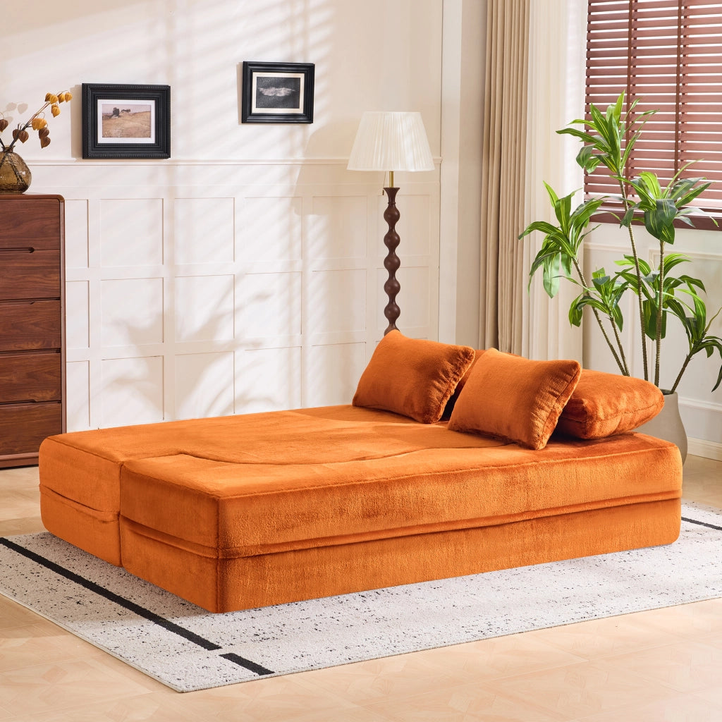 Divano letto da pavimento - con funzione materasso e cuscini - in tessuto - arancione