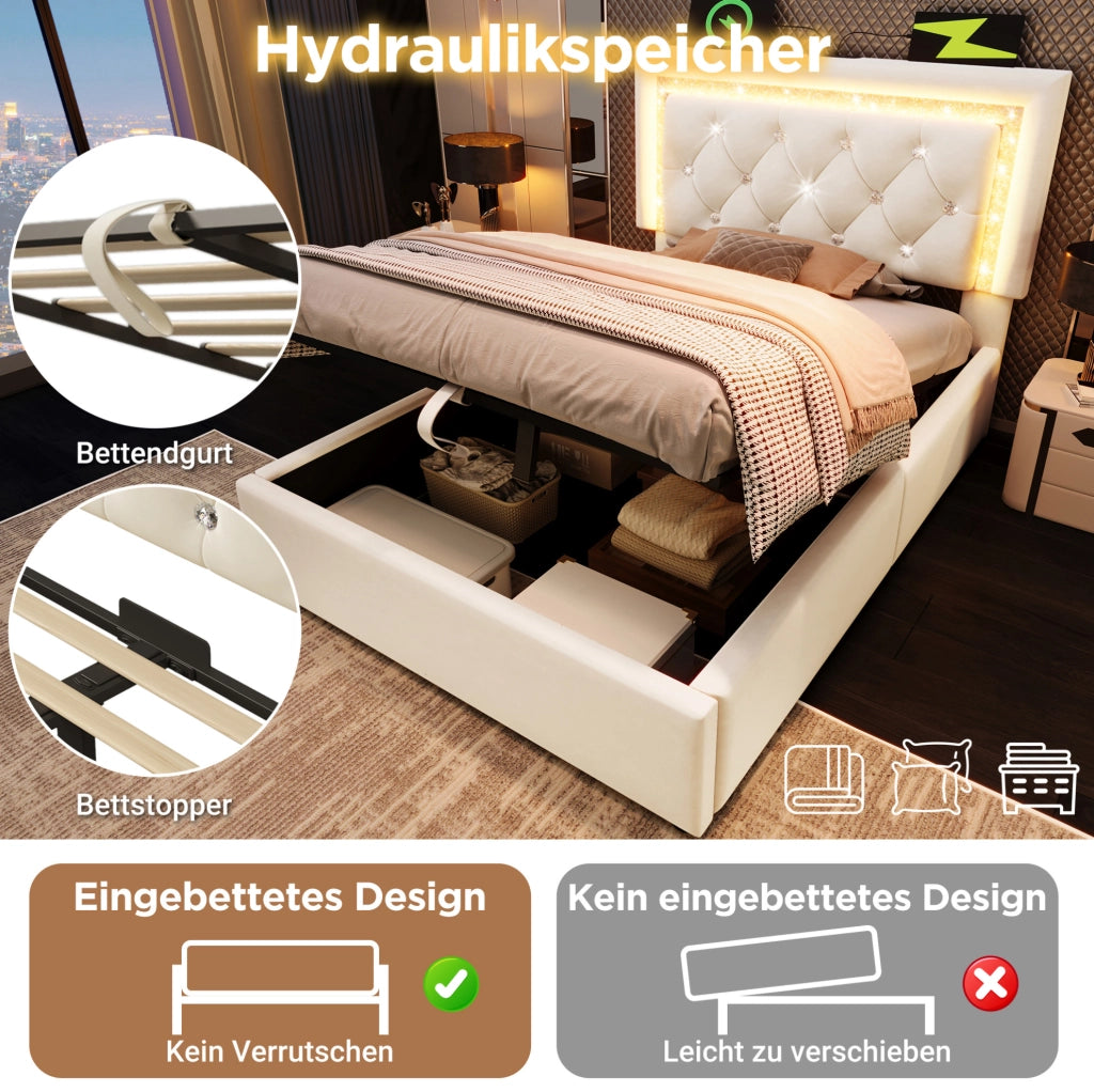 Letto singolo 90x200 cm in velluto beige con LED, USB-C e materasso