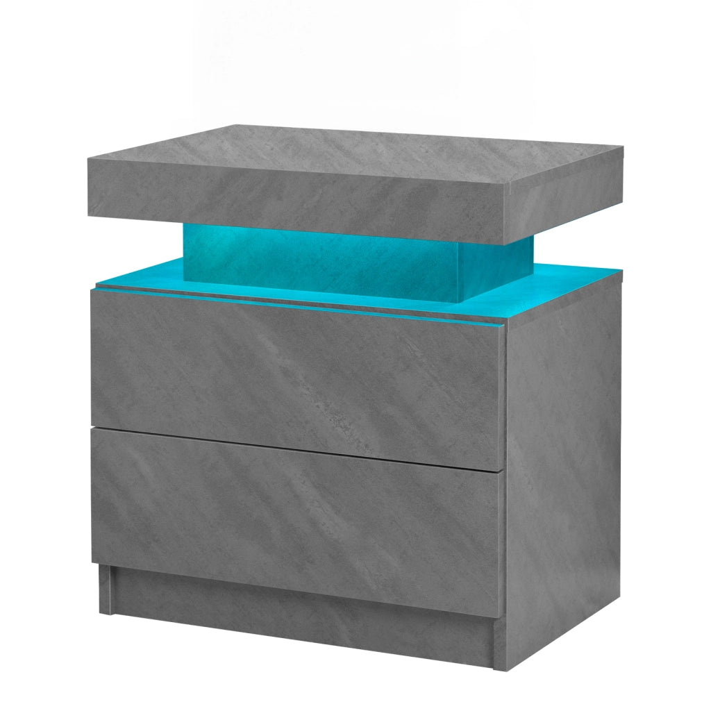 Comodino con LED regolabile, 2 cassetti e vano aperto, per camera da letto, in legno ingegnerizzato, grigio scuro