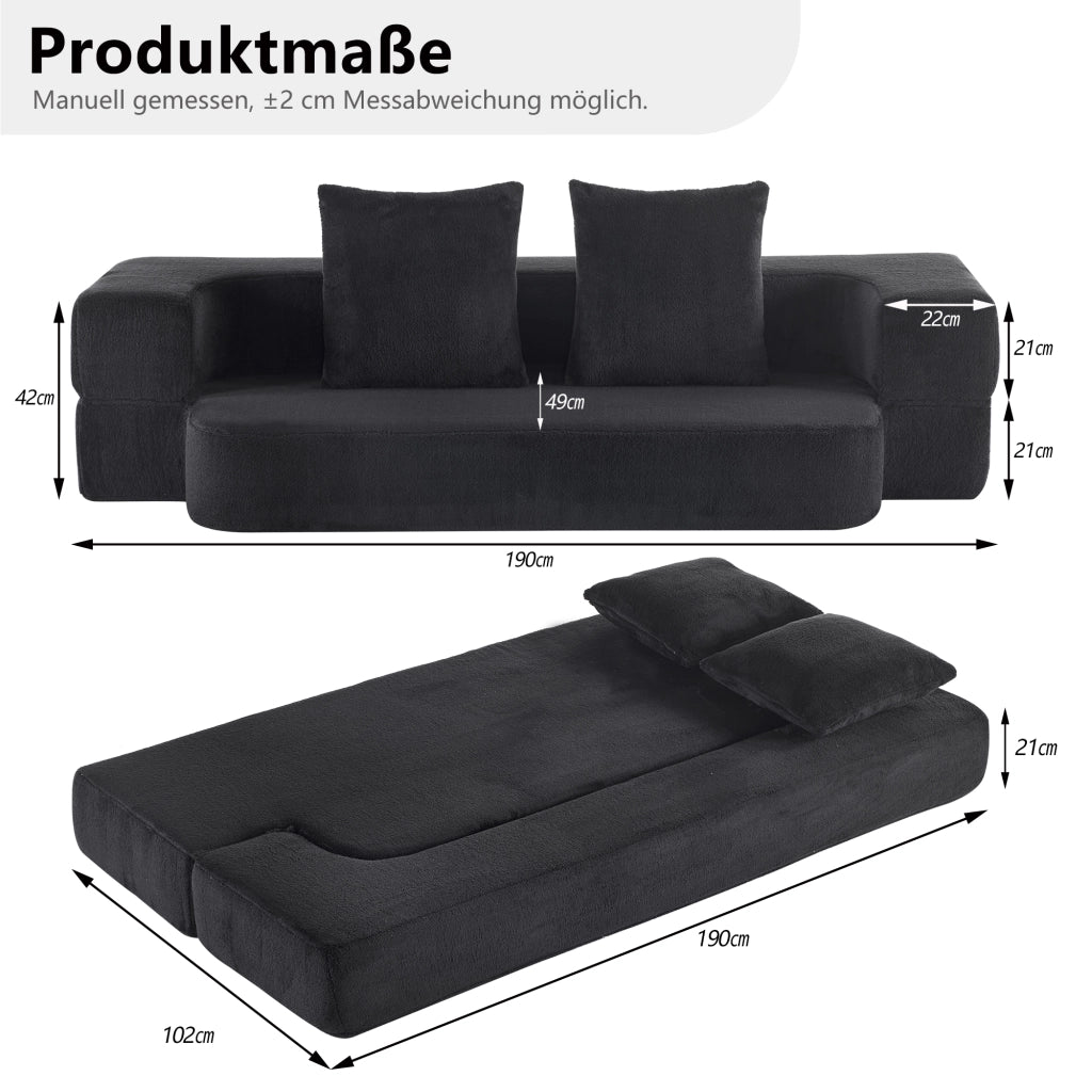 Divano convertibile a due posti in schiuma con comfort ergonomico, senza montaggio e cuscini per salotto, nero