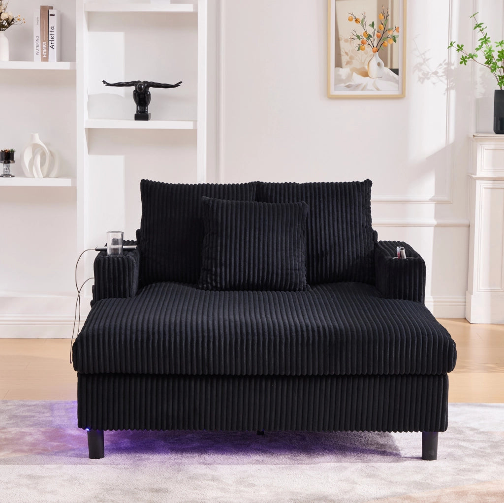 Poltrona relax 142x128x85 cm con LED; porta bicchiere e USB in corduroy nero