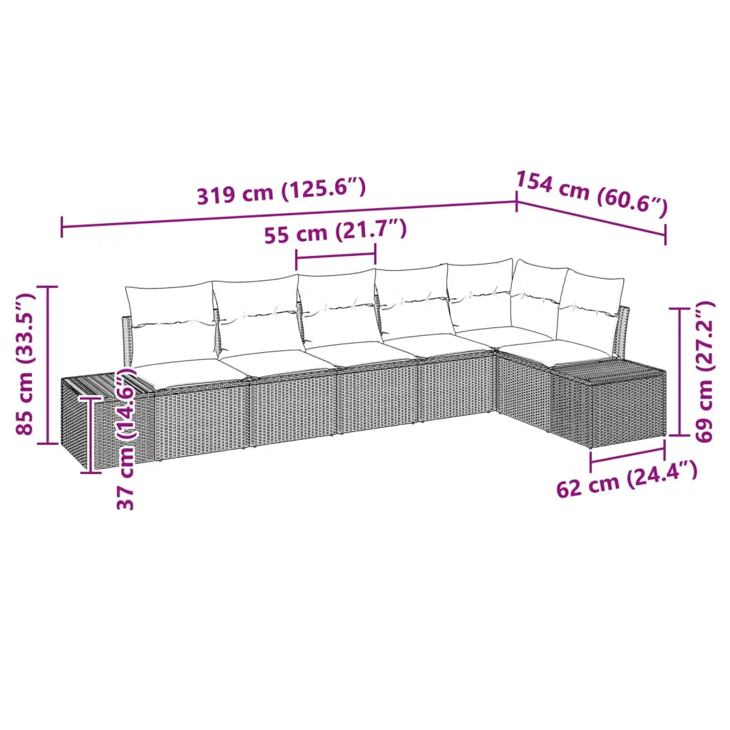 Set Divano da Giardino con cuscino 6 pcs Marrone polyrattan