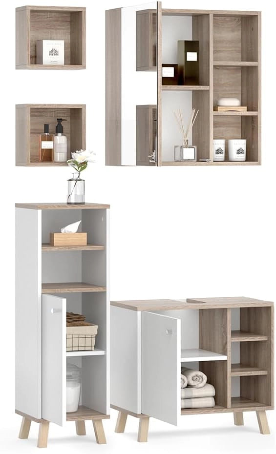 Set mobili bagno Senyo, Bianco, 62 cm, composto da armadietto a specchio, base lavabo, armadio medio e 2 scaffali bagno