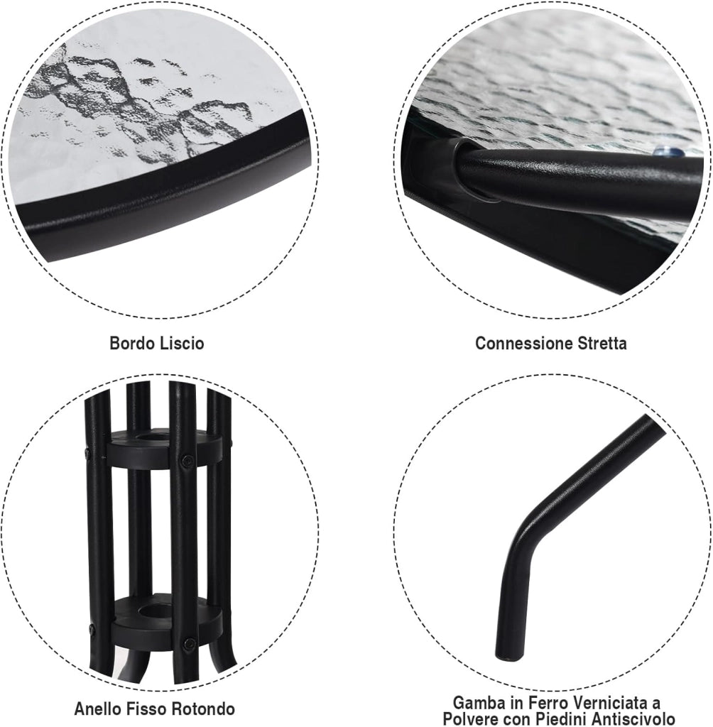 Tavolo da Patio da 70 cm, Tavolino Rotondo da Giardino in Vetro Temperato, con Gambe in Metallo, Foro per Ombrellone, per Giardino, Balcone, Fino a 50 kg, 70 x 70 x 71 cm