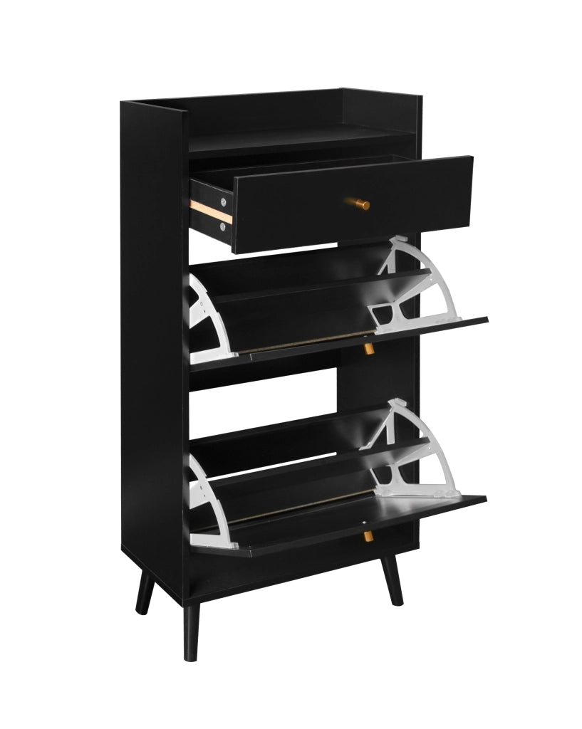 Scarpiera con 2 ante e 1 cassetto con doppio ripiano per ingresso in pannello truciolare nera 60 × 53,8 × 106,7 cm