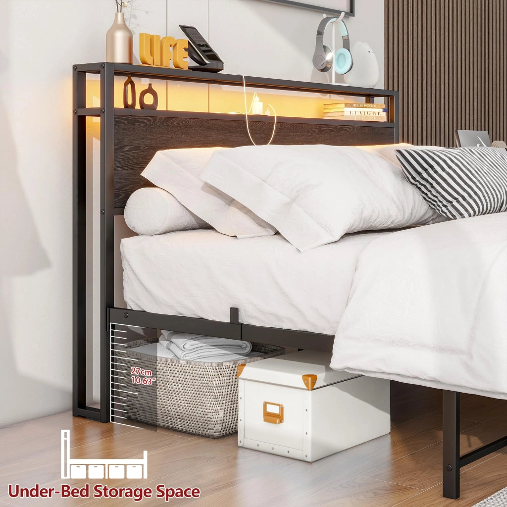 LETTO 140x200 cm con contenitore, metallo e MDF, nero, USB e LED