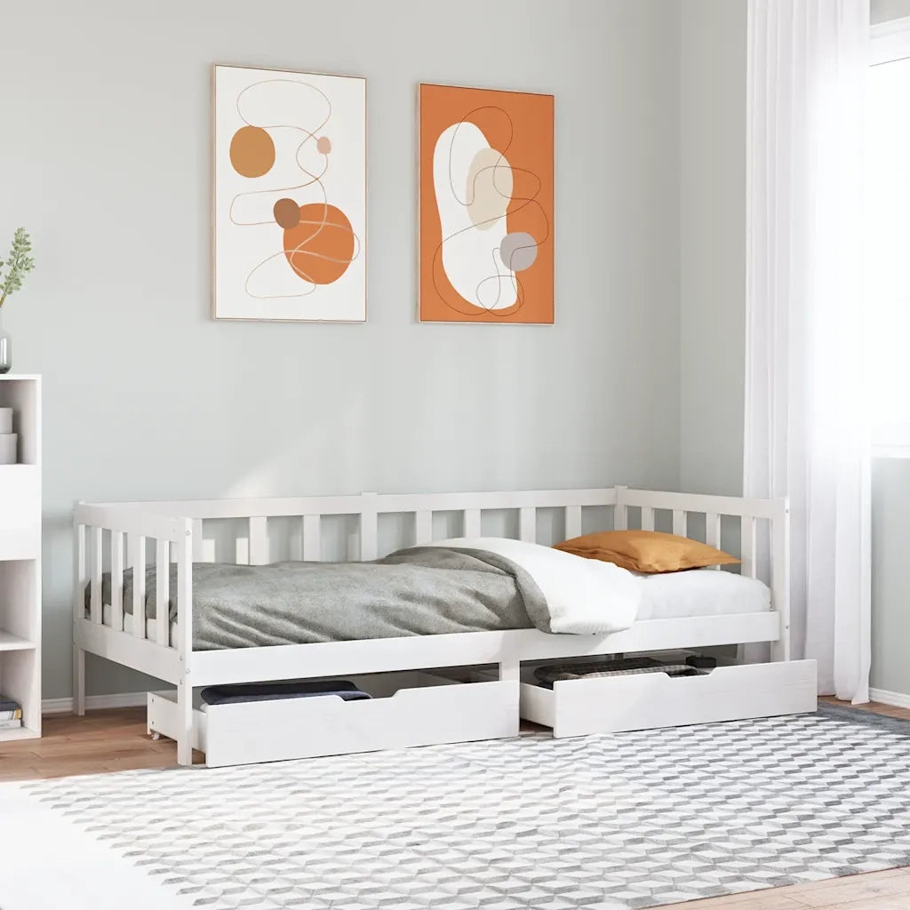 Dormeuse con Cassetti Bianca 80x200 cm Legno Massello di Pino