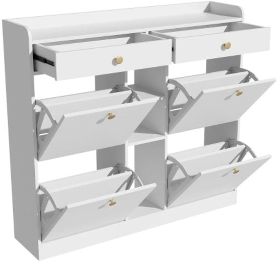 Cassettiere - Bianca - 4 Porte Scorrevoli - 2 Cassetti - 3 Spazi Aperti