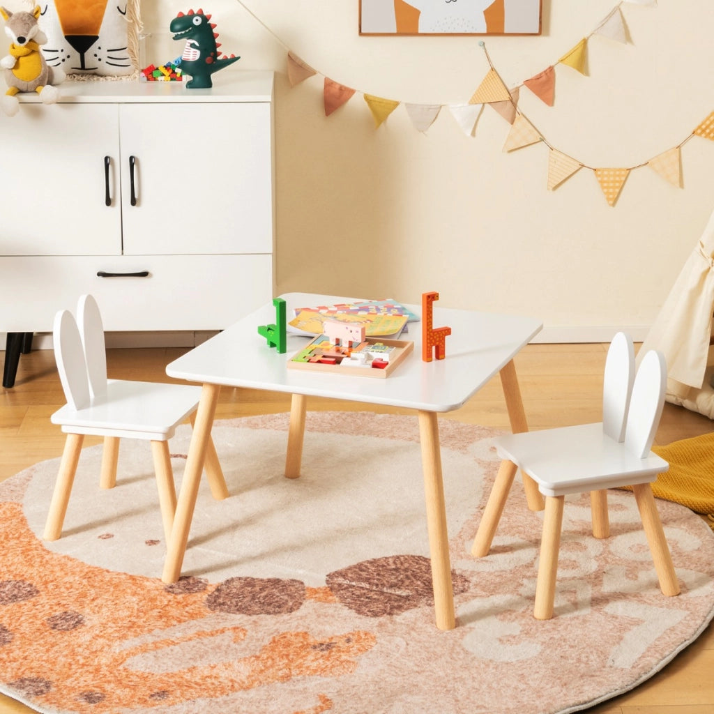 Set tavolo sedie per bambini 3 pezzi per arte, Tavolo e 2 sedie a coniglio gambe in legno massiccio Bianco-Tavoli e sedie