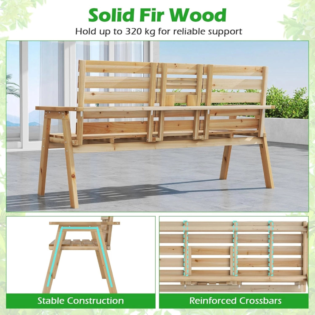 Panchina da giardino con tavolo, in legno massiccio con tavolo centrale pieghevole, panca a 3 posti, panca ergonomica con schienale e braccioli, panca da giardino e terrazza, portata fino a