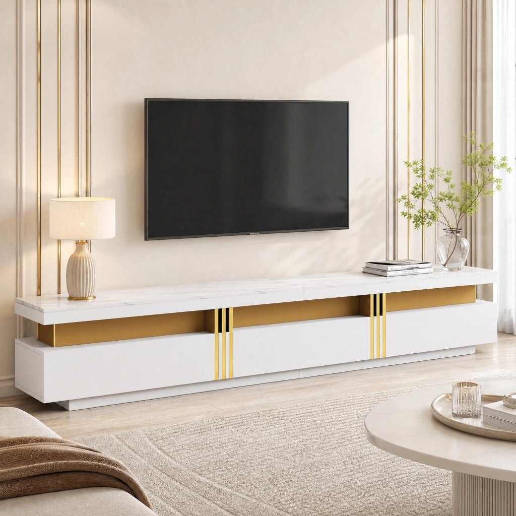 Mobile TV basso moderno effetto marmo, 200 x 40 x 42 cm, per TV fino a 90", 3 cassetti e gestione cavi