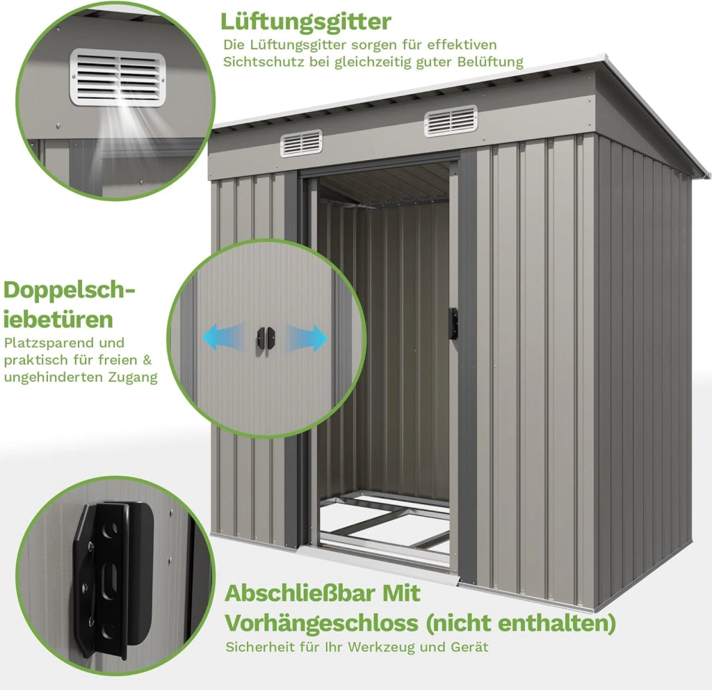 Casetta in metallo per attrezzi 183x109x182 cm con base, 3,6 m³, casetta