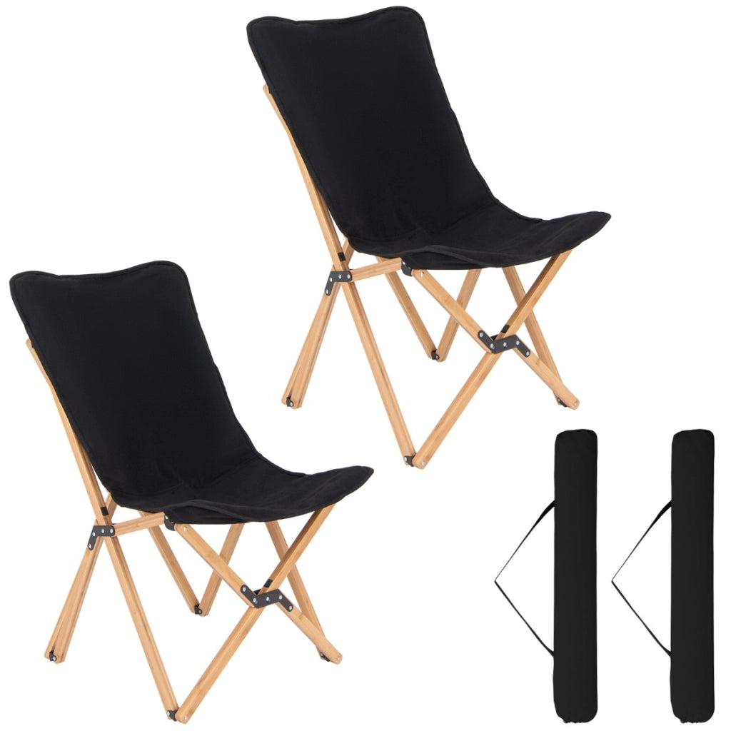 Set di 2 sedie pieghevoli con tasca portaoggetti base robusta prtata 150kg, Sedie in bamb¨´ da campeggio Nero-Tavoli e sedie da campeggio