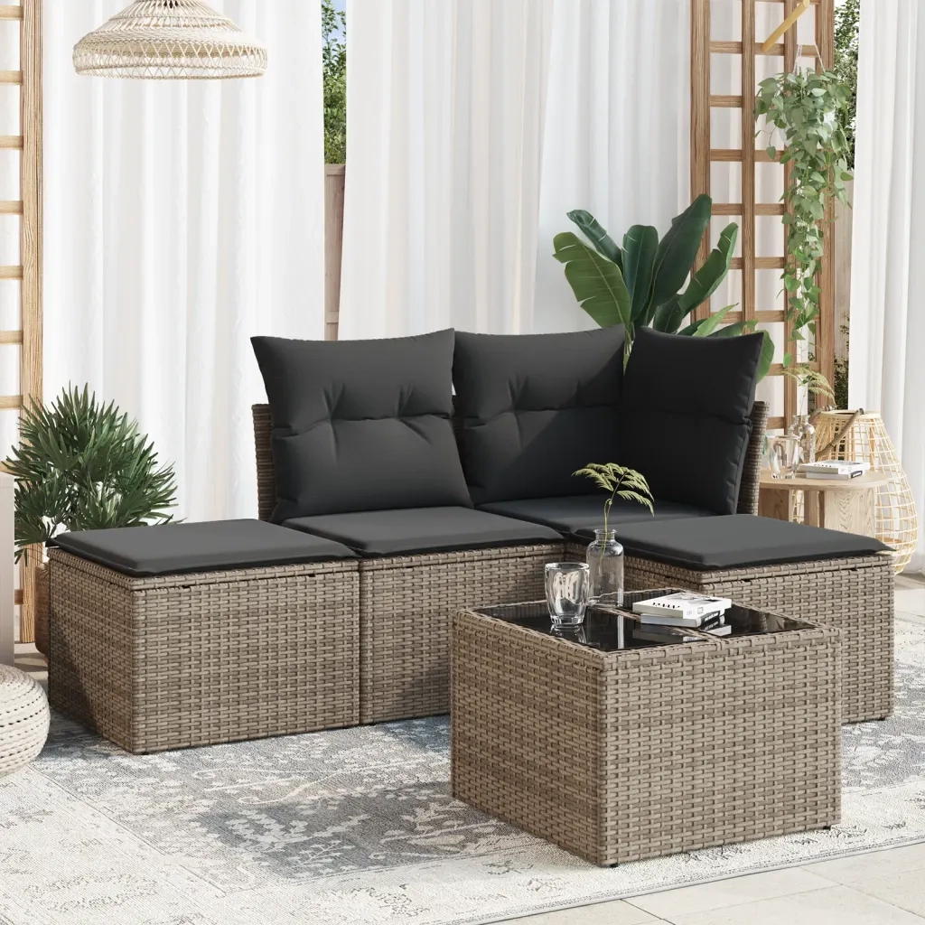 Set Divano da Giardino 5 pz | Set Salotto da Giardino con Cuscini Grigio in Polyrattan