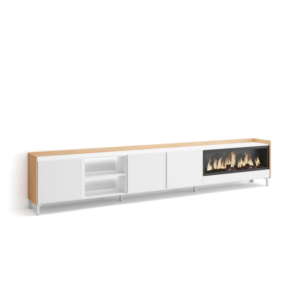 Mobile TV Soggiorno, 315x61x35 cm, Per TV fino a 80", Camino elettrico XXL, Design industriale, LED, Bianco e Rovere soft