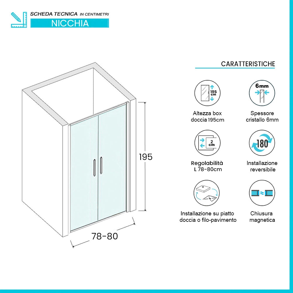 Porta doccia con apertura Saloon per nicchia 80cm in vetro temperato trasparente con profili nero Neos