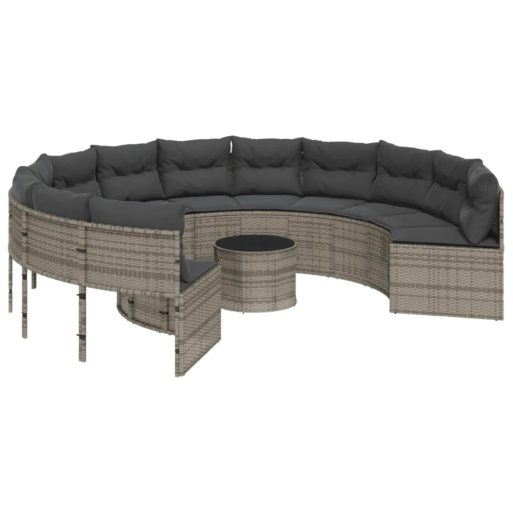 vidaXL Divano da Giardino Tavolo e Cuscini Circolare Grigio Polyrattan