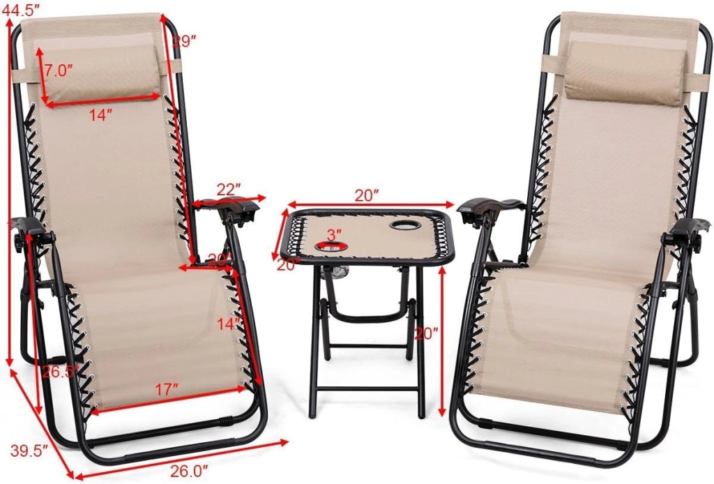 3 sedie a sdraio a gravità zero, per patio, sdraio, sedie da giardino, piscina, reclinabili, pieghevoli, set di sedie a sdraio (beige)