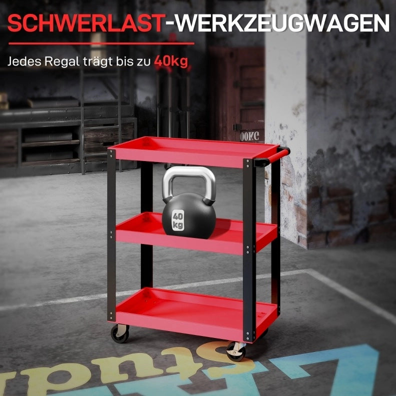 Carrello portautensili a 3 ripiani in metallo rosso