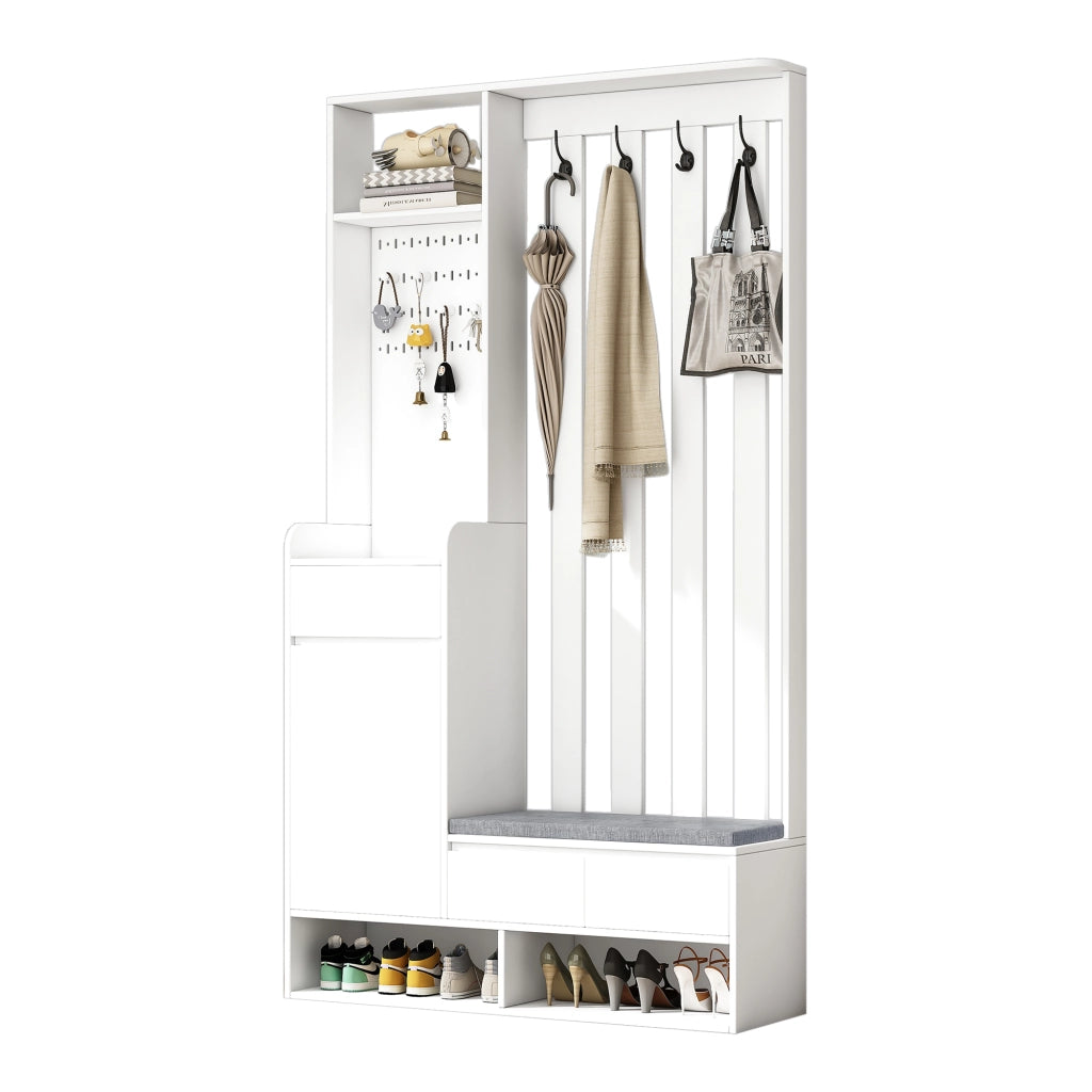 Mobile Ingresso con Panca Imbottita; Pannello Forato; 1 Anta; 1 Cassetto e 4 Ganci; in MDF; Bianco; 100??35??180 cm