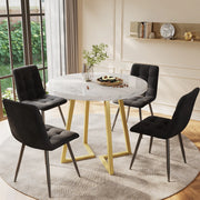 Tavolo da pranzo per 4 persone con 4 sedie in velluto, piano rotondo effetto marmo, base in metallo, 80 cm
