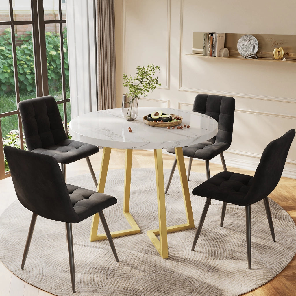 Tavolo da pranzo per 4 persone con 4 sedie in velluto, piano rotondo effetto marmo, base in metallo, 80 cm