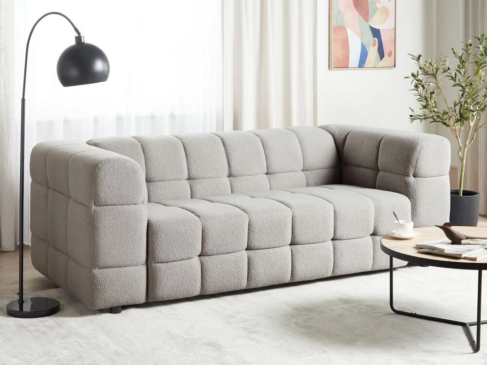 Divano imbottito a 3 posti in tessuto poliestere boucle con gambe nere braccioli grigio chiaro stile moderno elegante