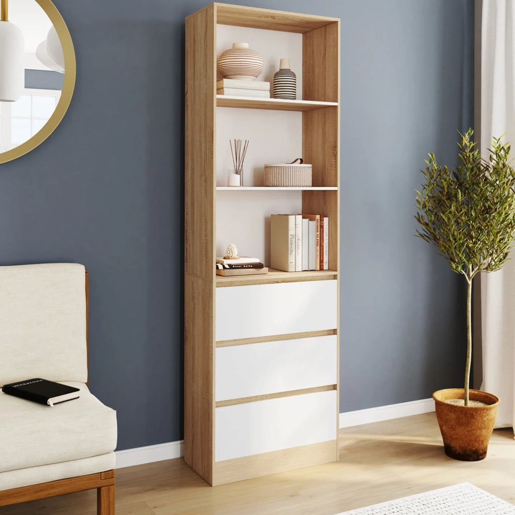 IDMarket - CARLA Libreria a 3 livelli con 3 cassetti bianchi ed effetto legno H.190 cm