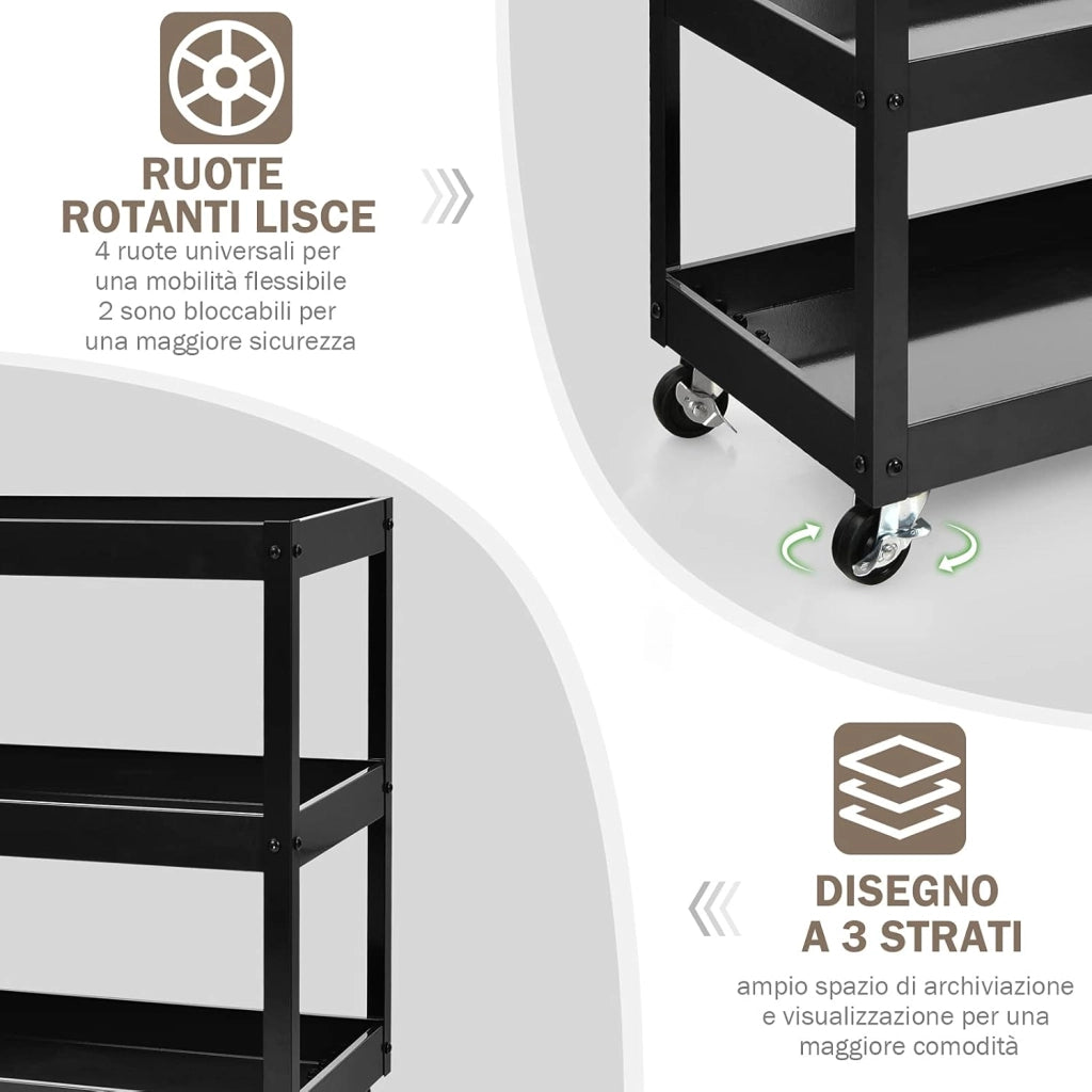 Carrello da Cucina con 3 Livelli, Carrellino Multifunzionale con Ruote Flessibili, Carrello di Servizio Resistente con Maniglia Comoda, Ideale per Ufficio Garage Magazzino Biblioteca (Nero)