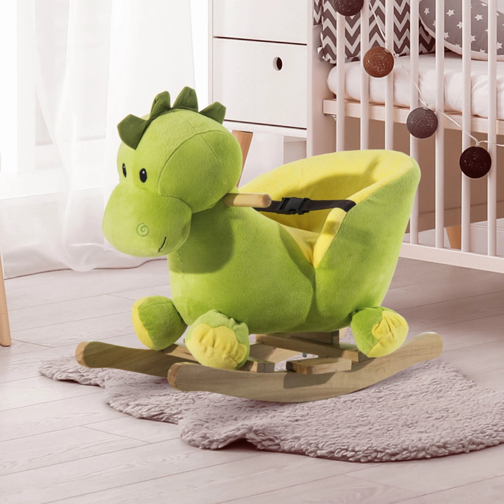 Dondolo dinosauro in tessuto per bambini 18-36 mesi ¨C Xylo ¨C con suoni, cintura di sicurezza, 60x33x45 cm verde