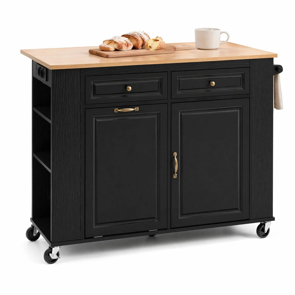 Isola cucina mobile nera 120x40-70x92 cm con prolunga, prese e vano contenitore